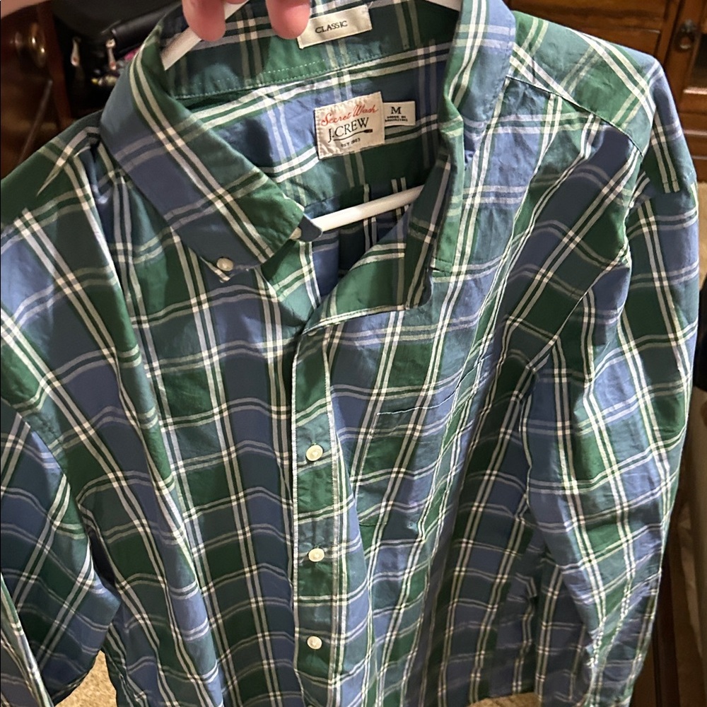 J. Crew Men's Blue and Green Checkered Shirt
